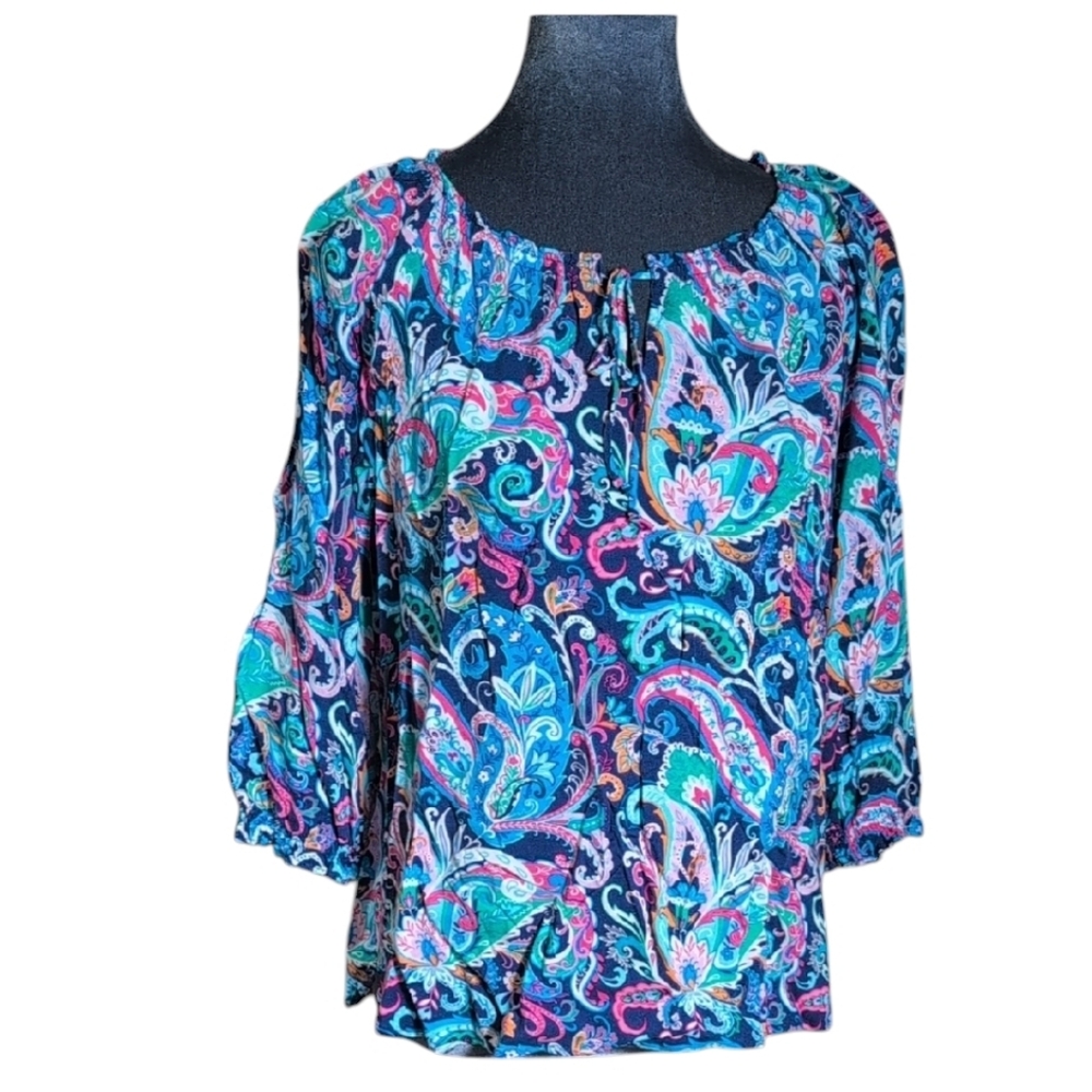 Talbots Blue Paisley 3/4 Sleeve Blouse with Front Tie Size Large Petite